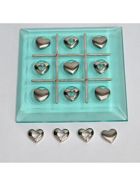 Tic Tac Toe Set Glass Board Mini Game 13 Heart Shaped Metal Pieces EliteCrafters